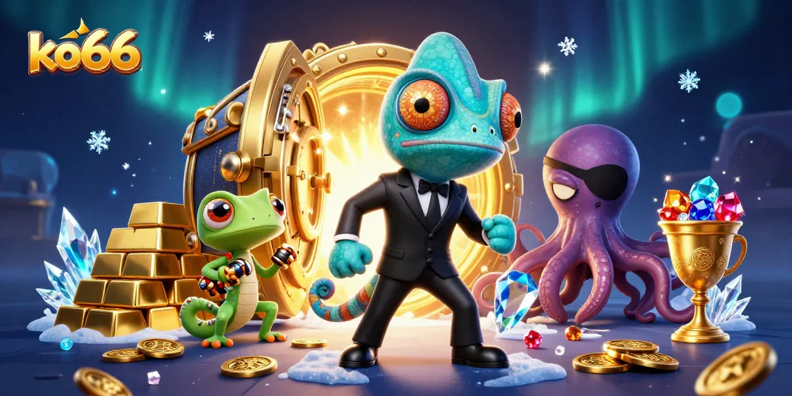 Engage with ko66 in a visually stunning casino scene with dynamic characters and golden treasures.