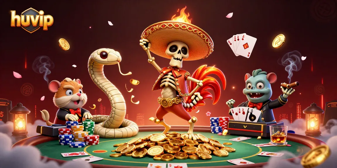 Experience vibrant casino action with huvip's colorful characters dancing over poker chips and gold coins.