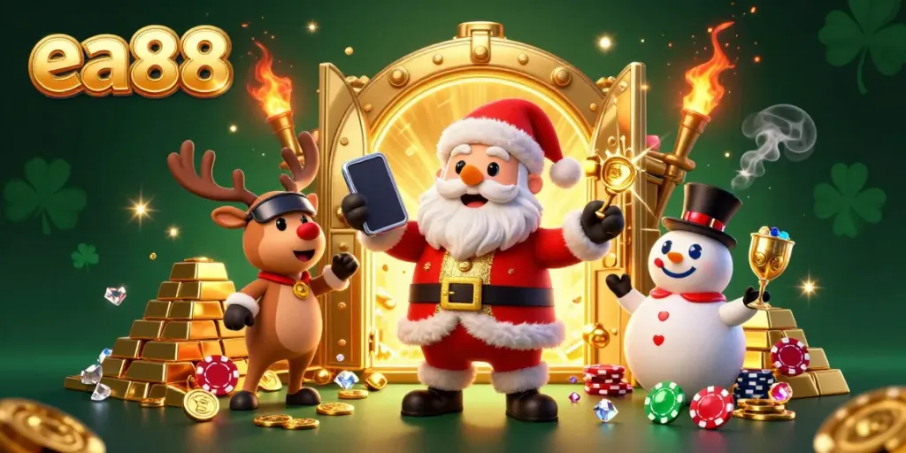 Experience the thrill of ea88 with Santa and friends as they celebrate winning jackpots in a vibrant casino setting.