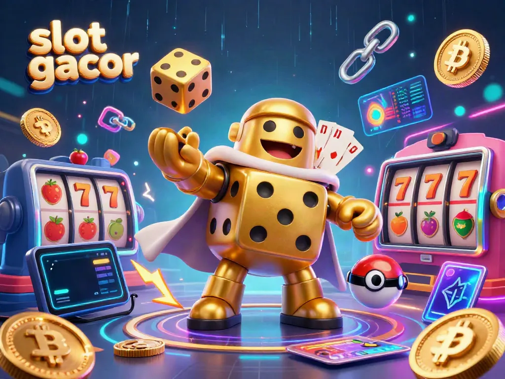 Engage with an energetic illustration of a slot gacor scene featuring a golden dice golem juggling and casino icons.