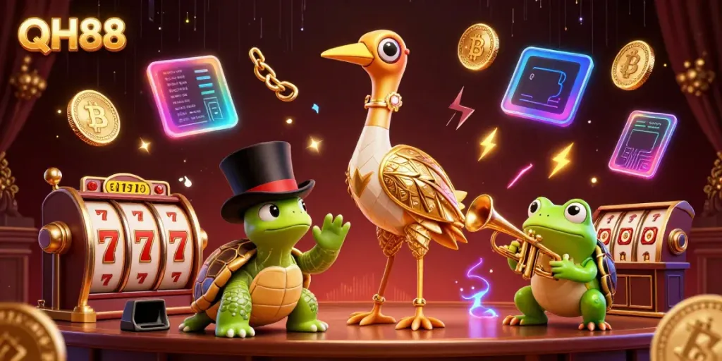 Experience thrilling gambling with QH88's vibrant 3D casino scene of fun characters and slot games.