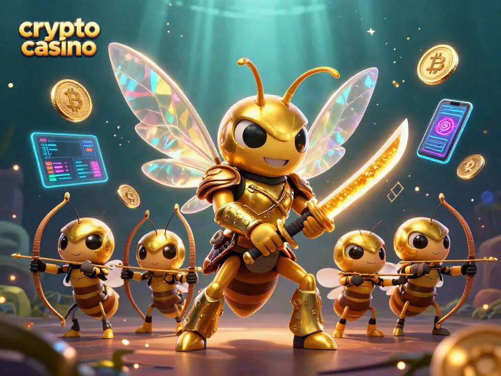 Gioca in un crypto casino con monete Bitcoin e Ethereum mentre un'ape samurai guida un'armata di arcieri dorati.
