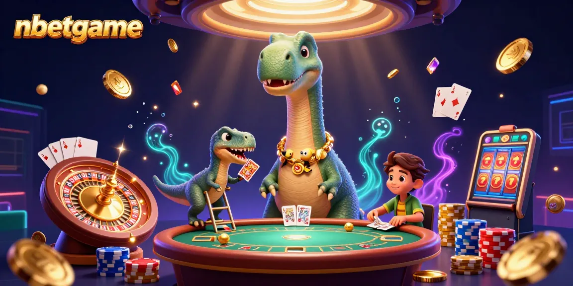 Experience thrilling gameplay with nbetgame as a giant brontosaurus oversees a poker match in a vibrant casino