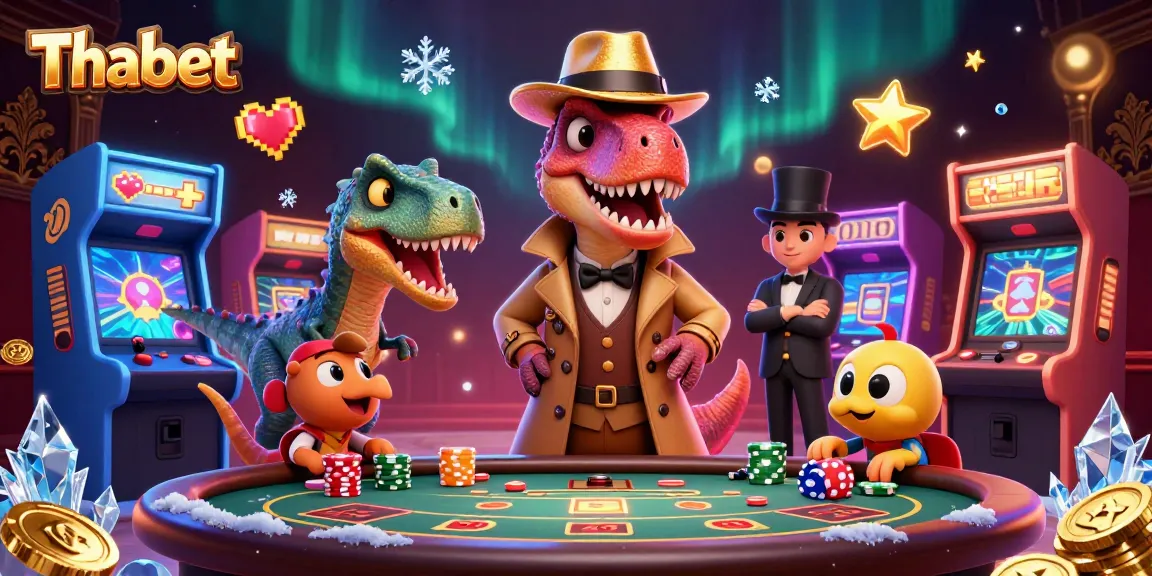 Thabet features a velociraptor card counter at a blackjack table with colorful game elements.