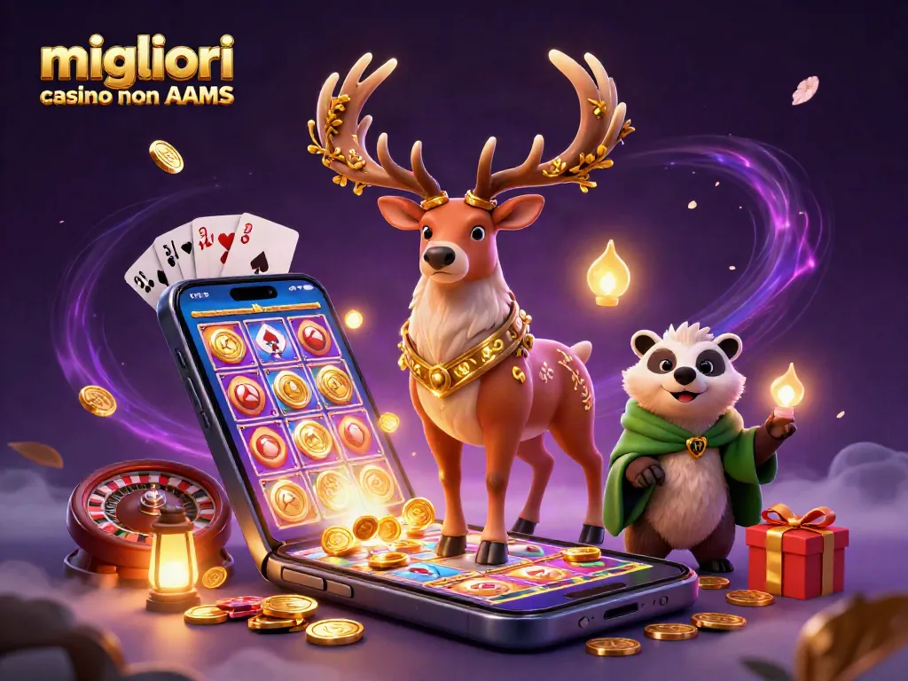 Migliori casino non AAMS: Viva l'emozione del gioco con una scena dinamica di slot e personaggi 3D.