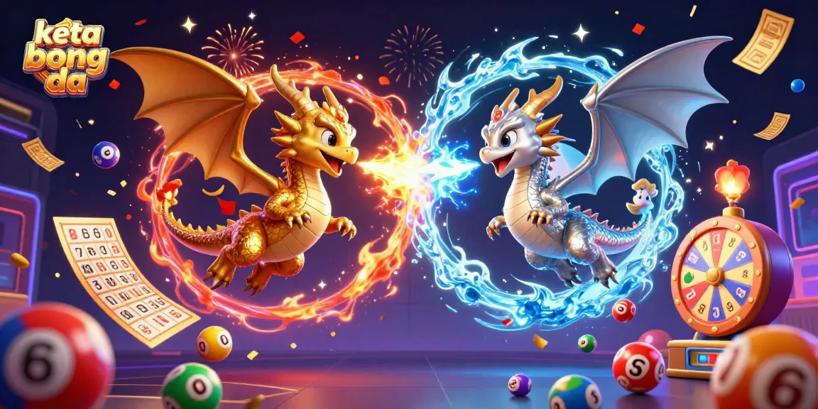 Engage with ket qua bong da through an explosive 3D illustration of golden and silver dragons showcasing dynamic energy in a lottery setting.