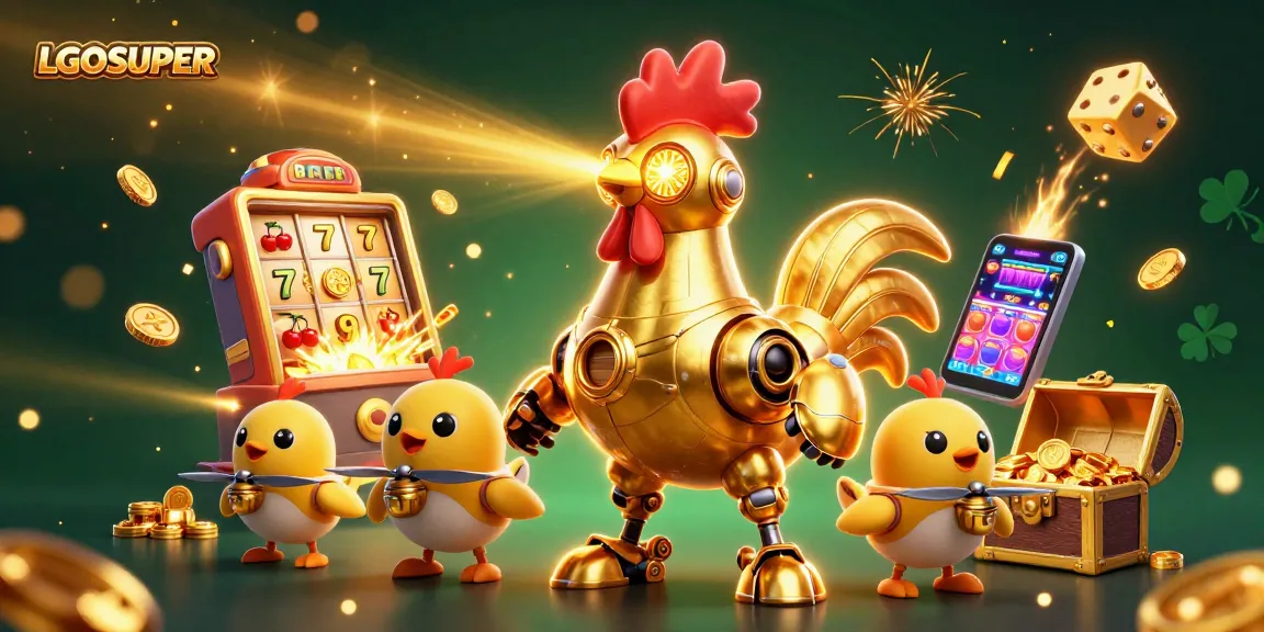 Engage with LGOSUPER's thrilling slot games featuring a golden robot and baby chick drones.