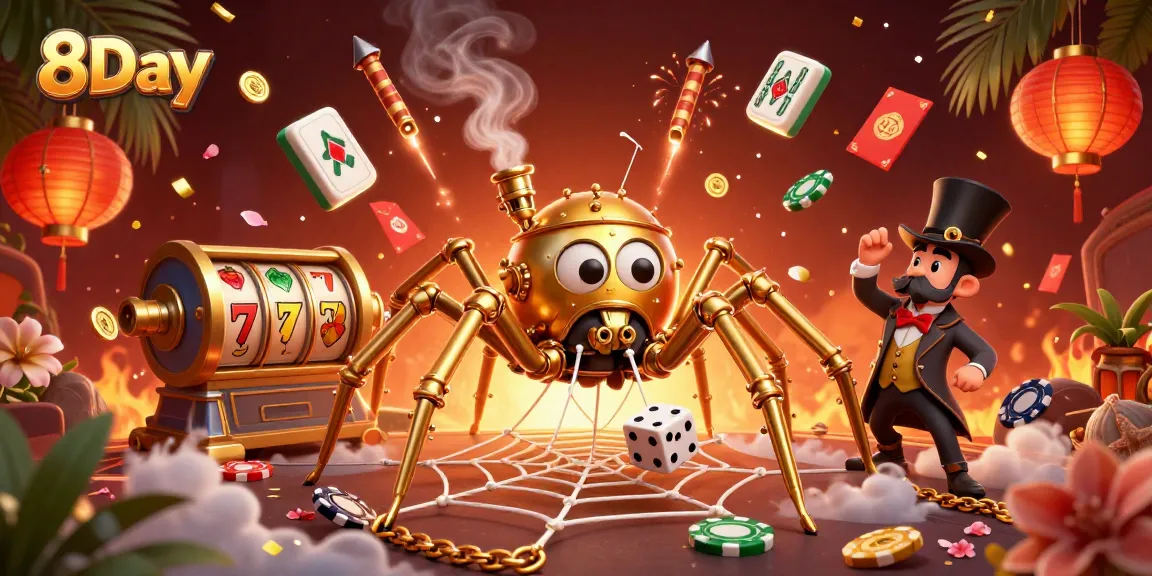 Engage with 8Day casino fun featuring a golden spider and Victorian fly amidst dynamic gaming elements.
