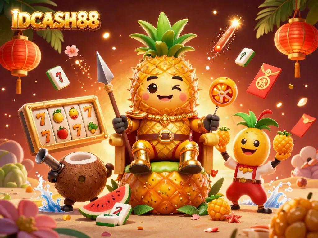 Experience excitement with IDCASH88 at this vibrant beach casino featuring game elements and animated characters.