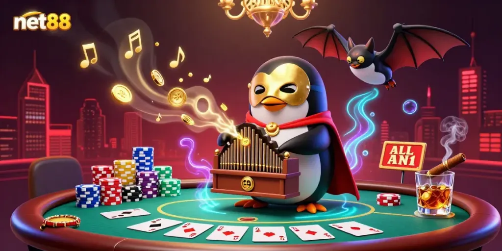Experience thrilling moments at net88 with a dynamic casino scene led by a phantom penguin and vibrant poker elements.