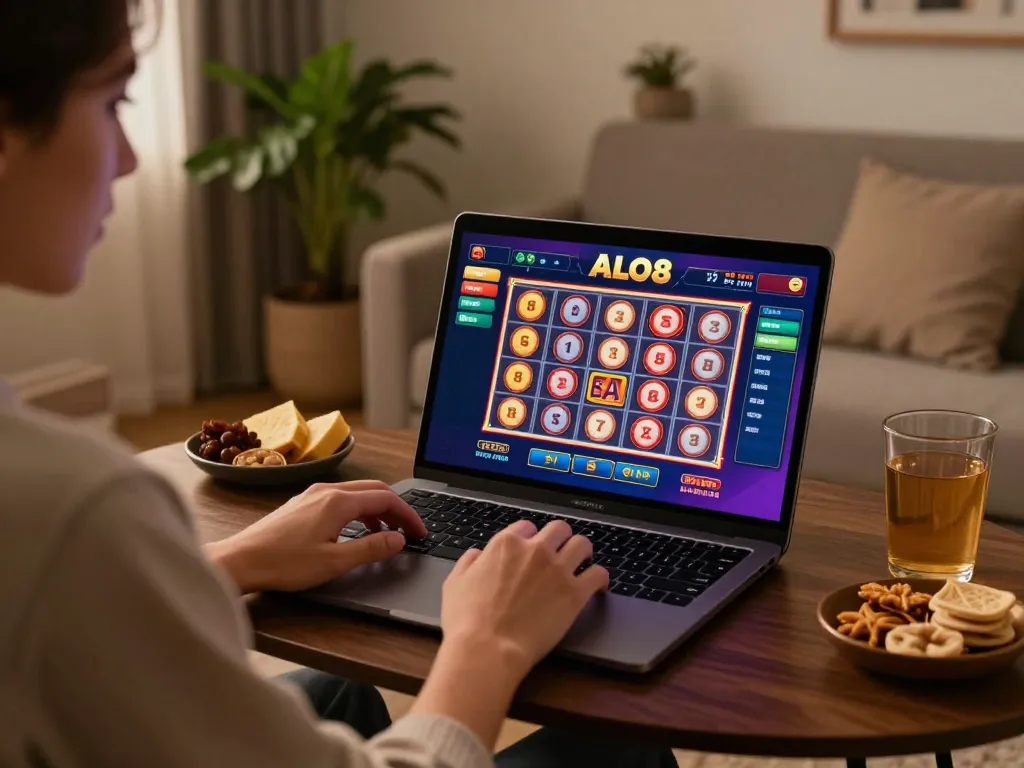 Person engaging with ALO8 online casino on a laptop, depicting a strategic gameplay atmosphere.
