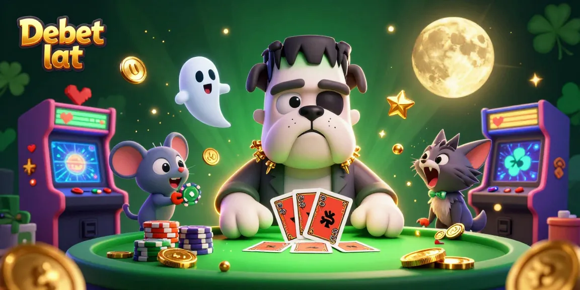 Engage with Debet lat at a vibrant casino scene with cartoon characters, cards, and neon effects.