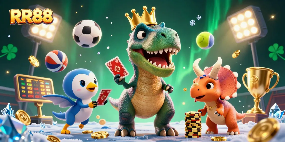 RR88 engages players with a friendly T-Rex and pterodactyl in a dynamic casino scene.