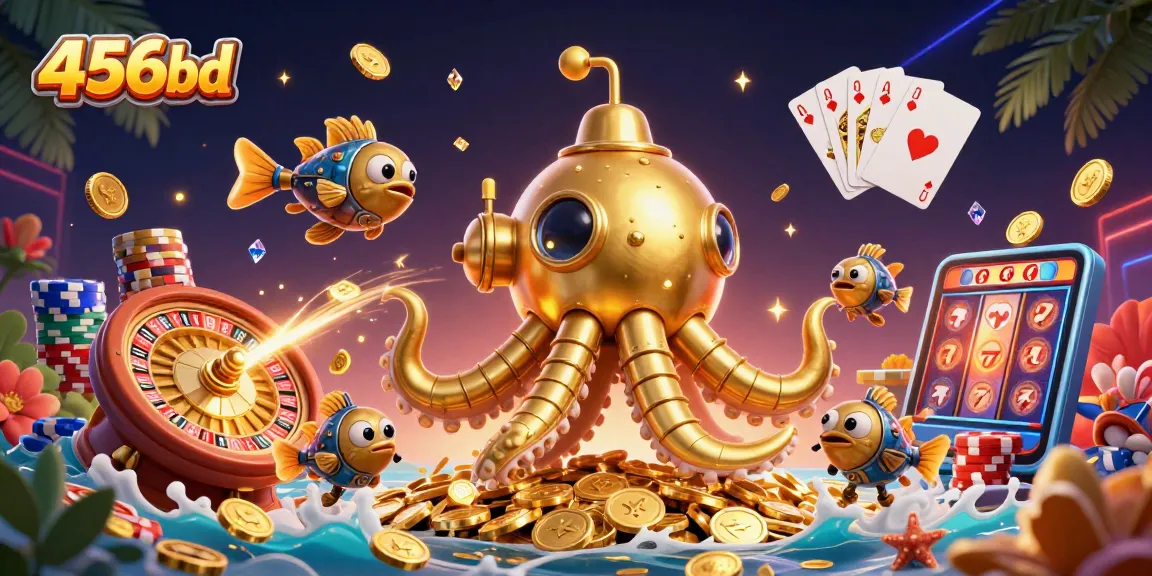 Experience the thrill of gameplay with 456bd's dynamic 3D casino scene featuring coins and poker chips.