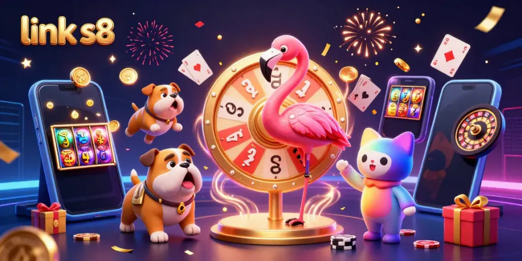 Engage with link s8 in a vibrant 3D casino scene featuring a game show host and enthusiastic contestants.