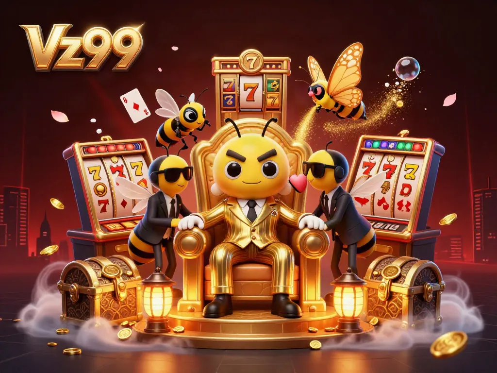 Experience gaming excitement with Vz99, showcasing a bumblebee mob boss in a vibrant casino scene.