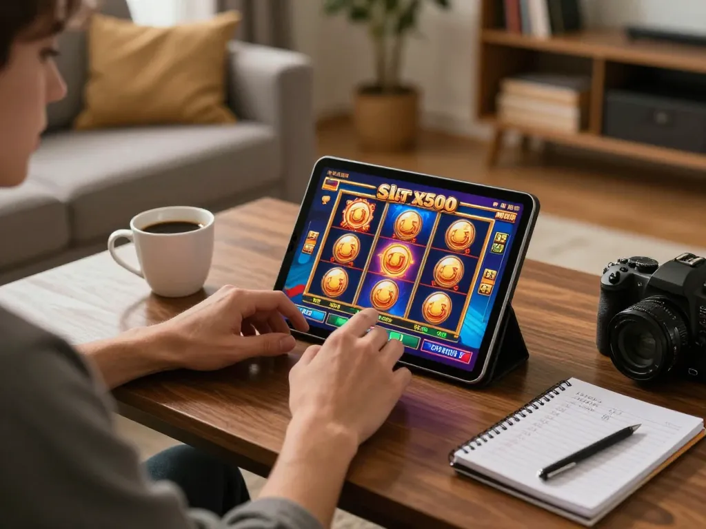 Engaging in Slot x500 gaming during a cozy home evening with a tablet.