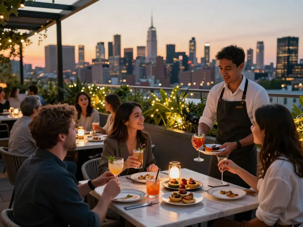 Rooftop bar experience at NoHu with NYC skyline and guests enjoying cocktails.