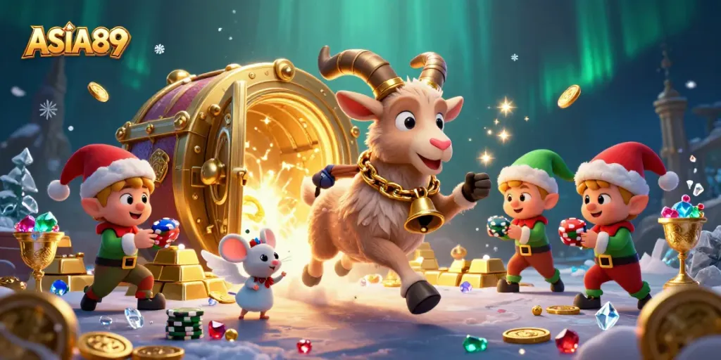 Engage with ASIA89 at a festive casino featuring cartoon characters in a vibrant, dynamic setting.