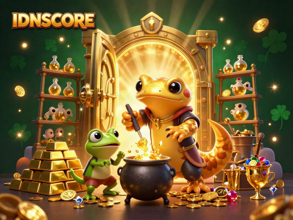 Join the IDNSCORE gambling adventure with a golden alchemist, frog apprentice, and newts amidst treasure