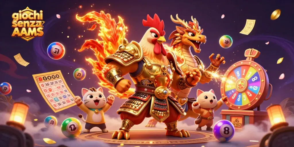 I giochi senza AAMS offrono un'esperienza coinvolgente con un guerriero gallo e un drago, circondati da elementi da casinò vibranti.