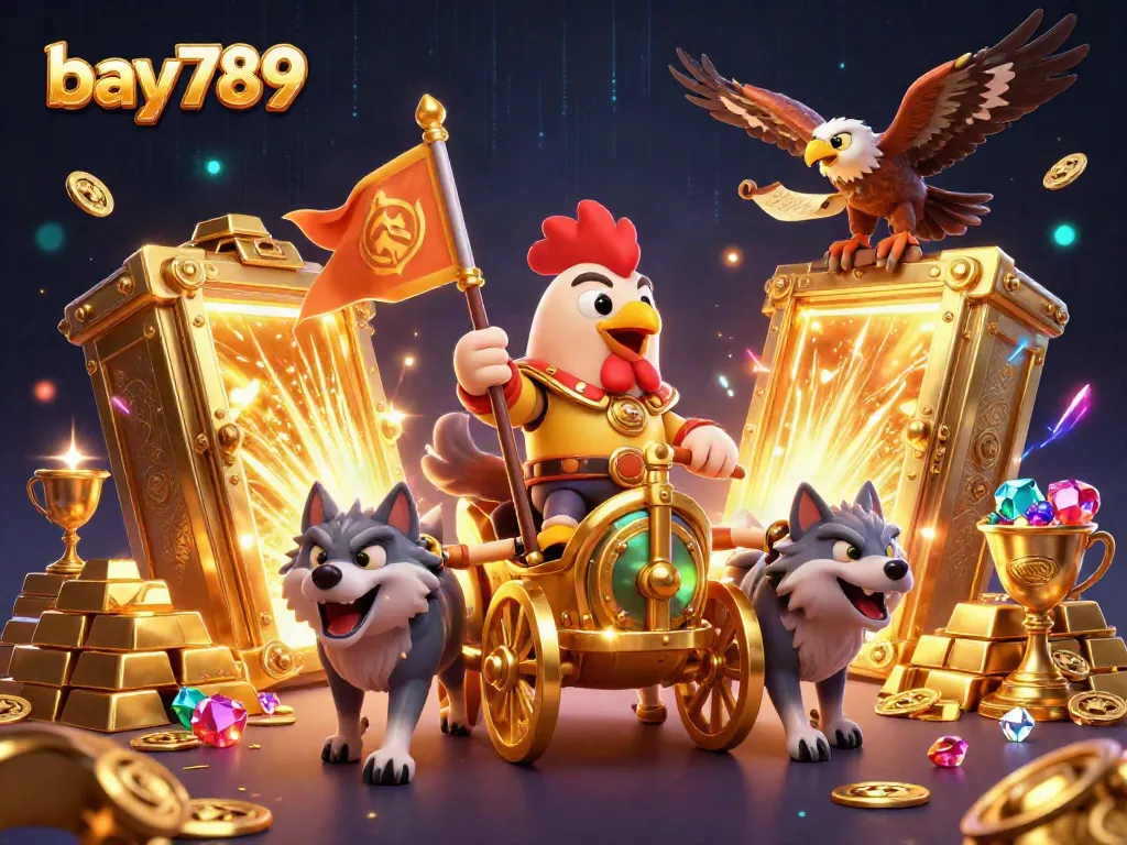 Experience the thrill with bay789, featuring a cartoon rooster warlord in a chariot surrounded by treasures.
