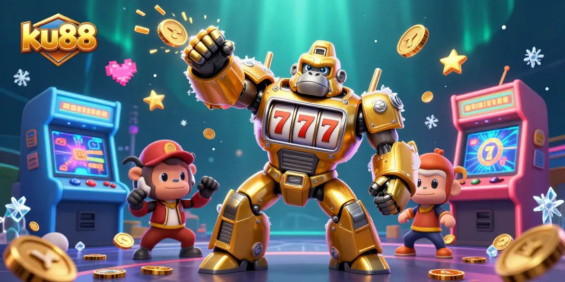 Engage with ku88's vibrant 3D golden gorilla mech amidst a rich casino arcade explosion.
