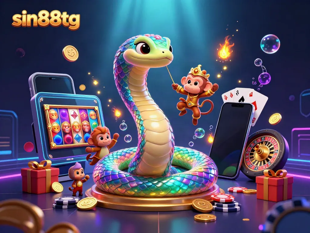 Engage with sin88tg at this vibrant slot game scene featuring a rainbow serpent and monkey king.