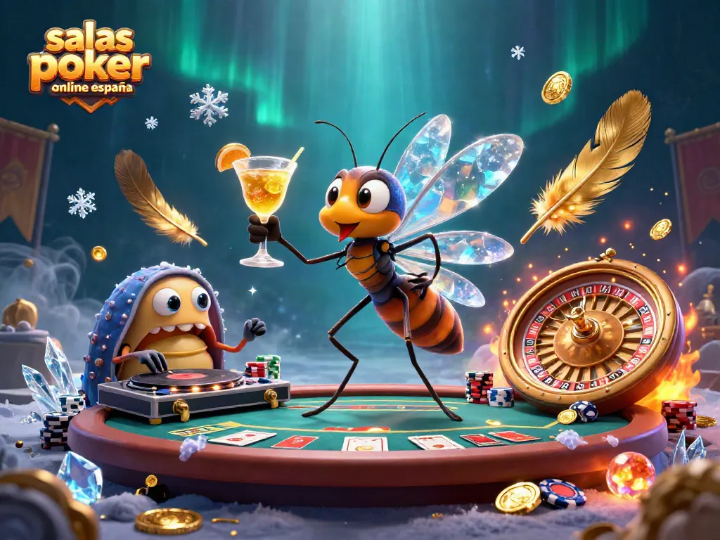 Ilustración de las mejores salas de póker online en España con personajes caricaturescos y elementos de juego.