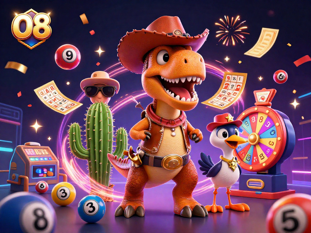 Win big with O8 in this vibrant 3D casino scene featuring a dinosaur and exciting game elements.
