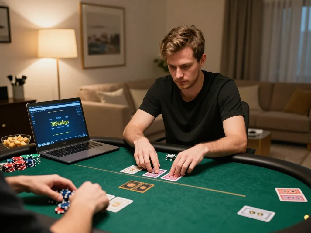 Player analyzing cards on 789clubgo's online poker platform in a cozy setting