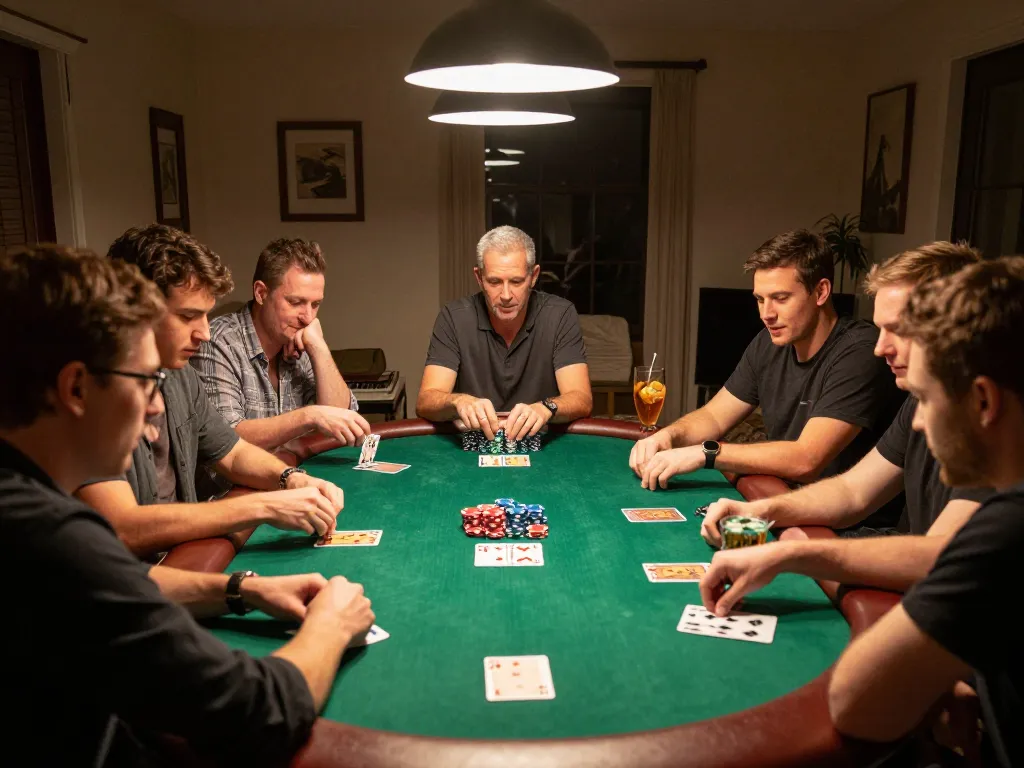 Players enjoying poker at home during a fun night, showcasing strategy and excitement at gg88live.
