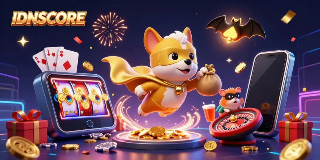 IDNSCORE superhero dog flying with gold coins, vibrant slot game elements in festive scene.