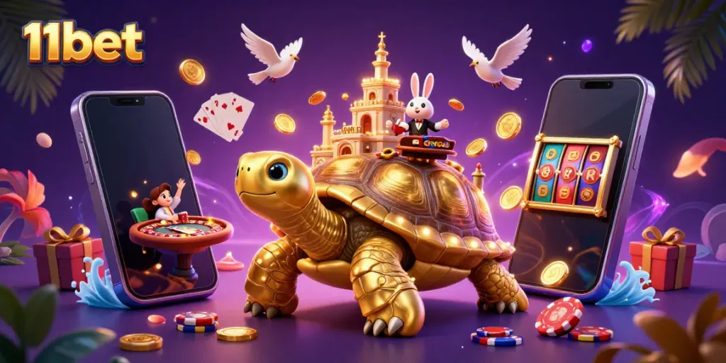 Spin the reels at 11bet's vibrant casino experience with a golden tortoise and rabbit dealer.