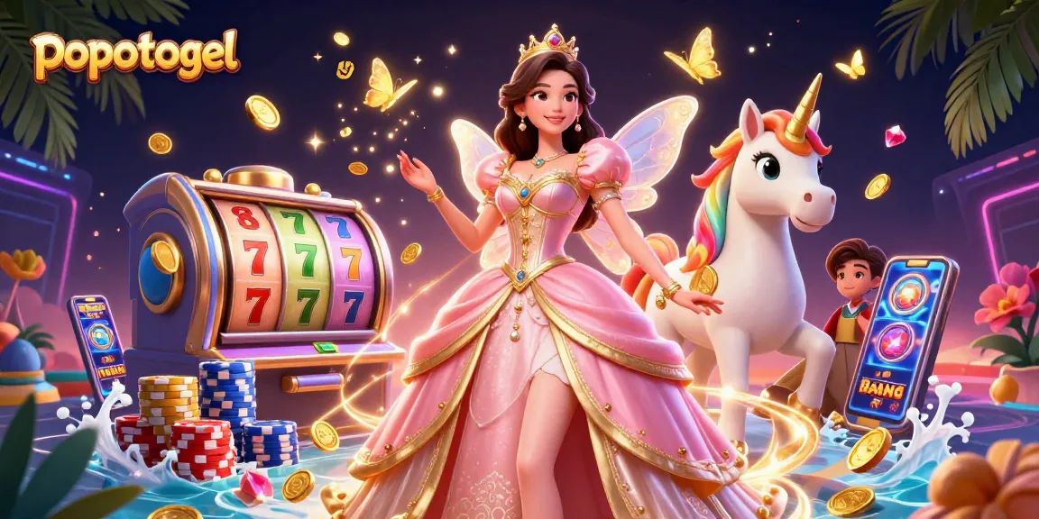 Experience winning at popotogel with vibrant slot reels and exciting casino elements in an enchanting scene.