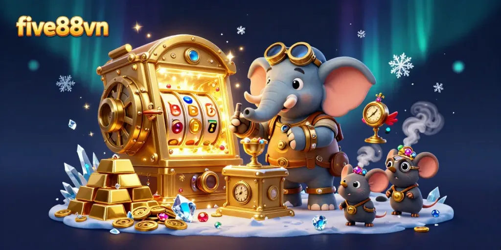 Engage with five88vn's vibrant 3D steampunk casino scene, featuring an elephant engineer at a golden slot machine.