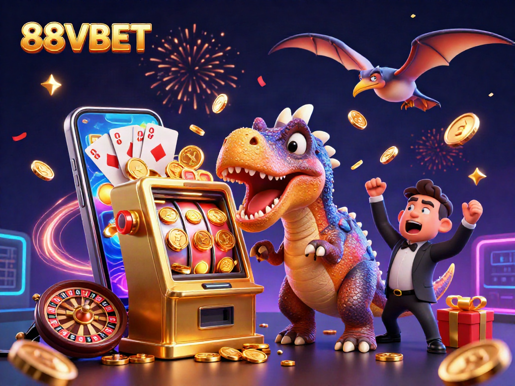 88VBET features a dynamic casino scene with a dinosaur headbutting a slot machine for a jackpot.