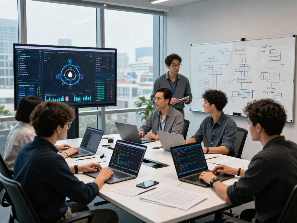 Team discussing usdt0 technology in a modern financial workspace with blockchain analytics.