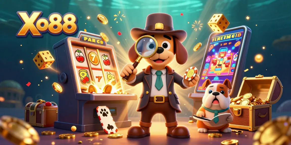 Xo88 players examining clues in a vibrant casino scene with jackpot slot machine elements