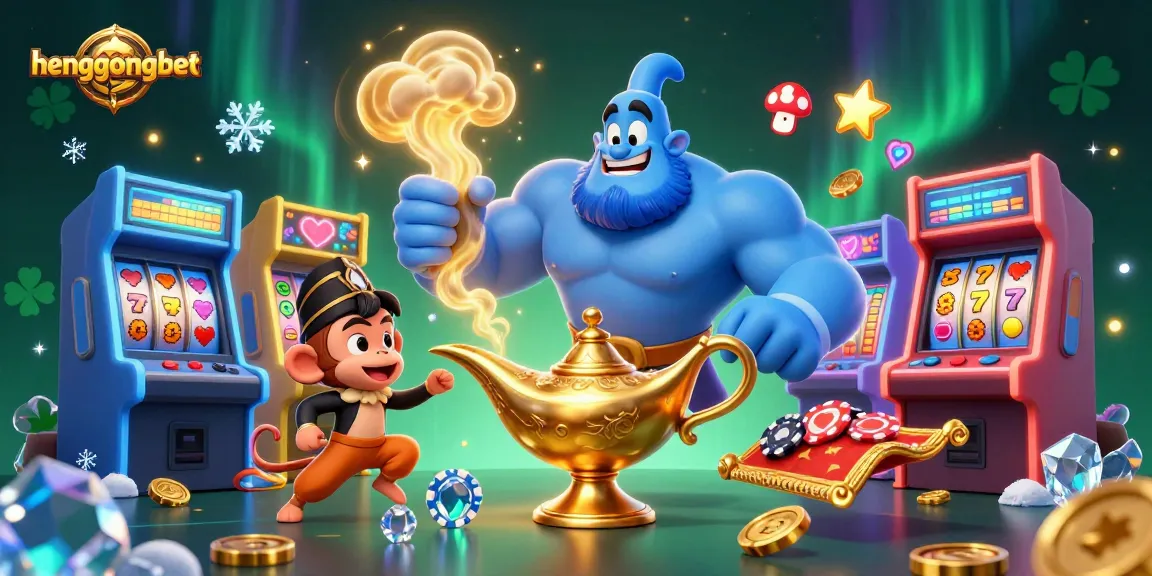 Join the action at hengongbet with this colorful illustration of a magical casino atmosphere featuring a genie, monkey, and poker chips.