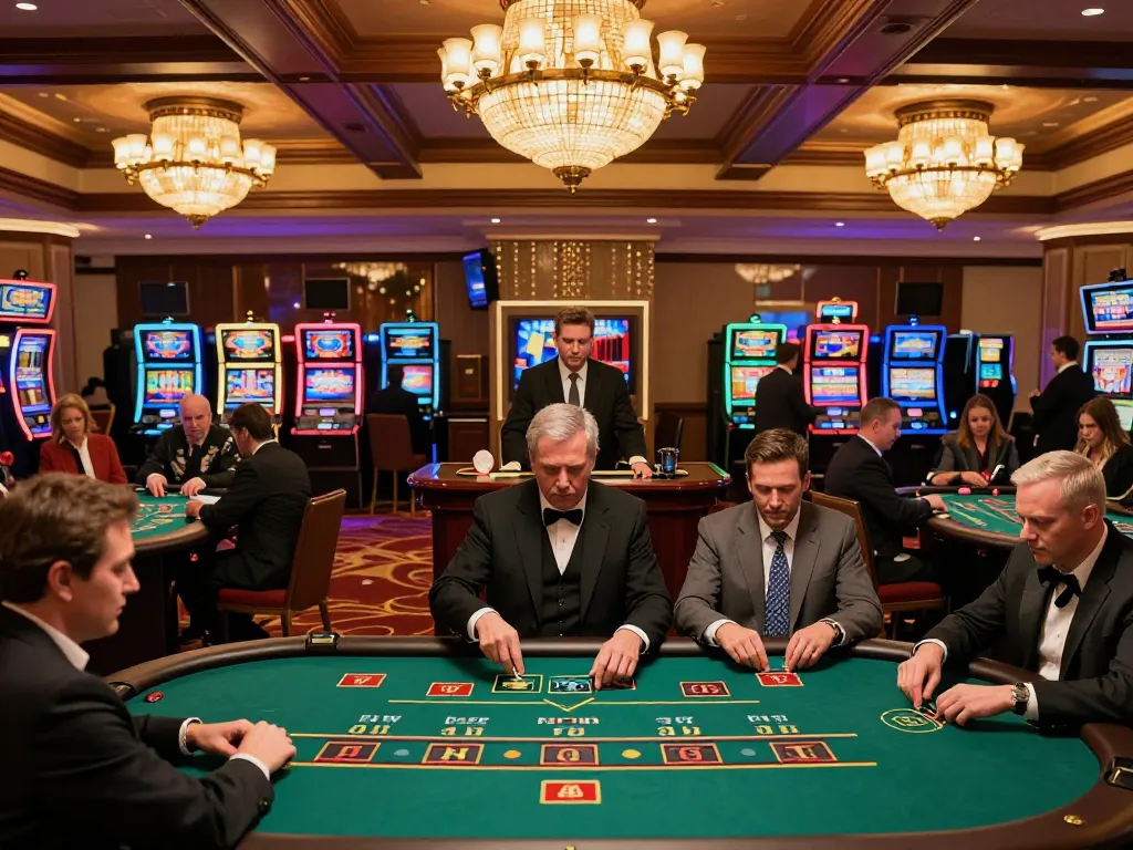 Players strategizing at a blackjack table in a vibrant casino, showcasing nhacaiuytinn gaming excitement.