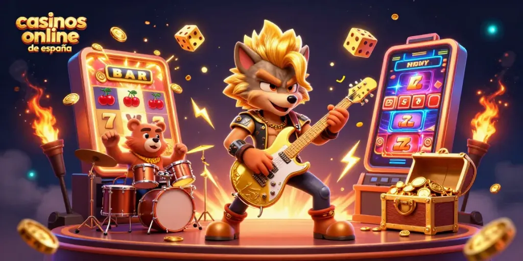 Disfruta de emocionantes juegos en casinos online de España con un lobo rockero y un oso baterista.
