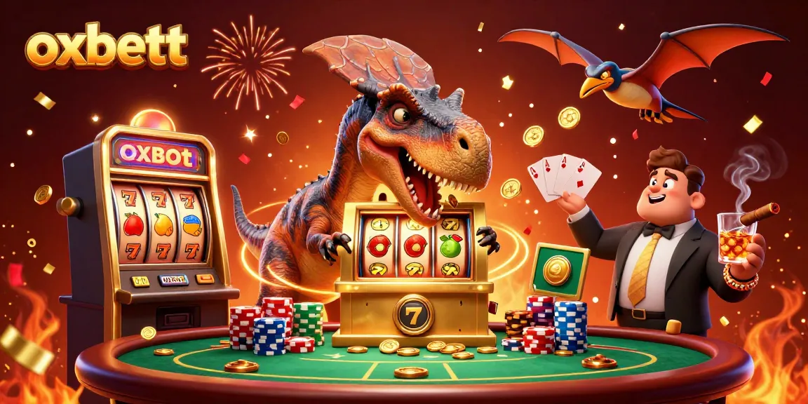 Experience thrilling jackpots with oxbett as a pachycephalosaurus hits a golden slot machine in a vibrant casino scene.