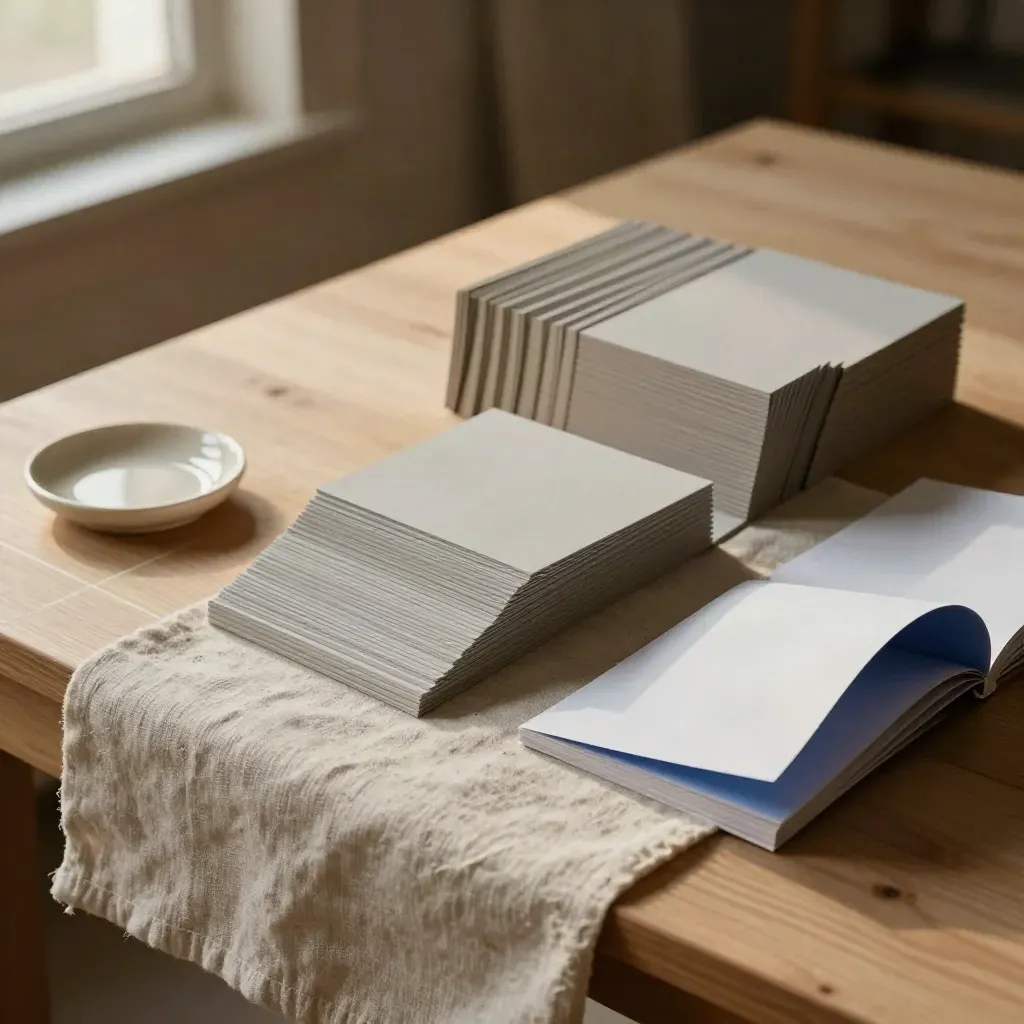 Top-down studio bench with deck sleeves, proof packet, ceramic dish, and linen cloth in warm dusk light.
