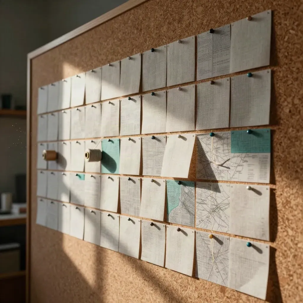 Nonprofit cork wall with tiles, color tabs, and thread spools in late-afternoon light