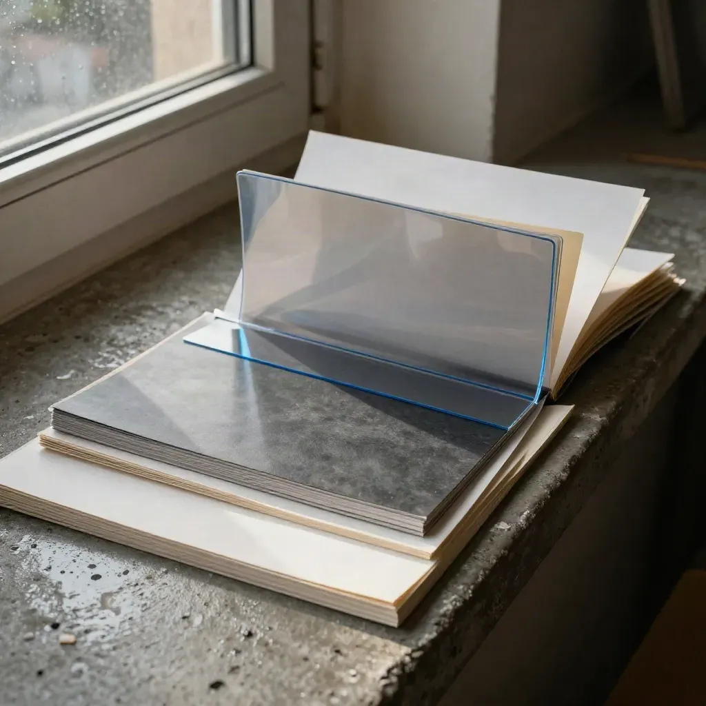 Layered framing guides, acetate sheets, and workshop packets on rain-dark concrete, lit cinematically.