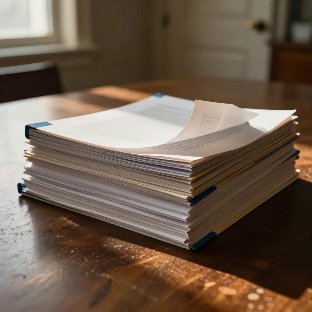 Paper audit bundle on conference table, one sheet lifting in warm afternoon light.