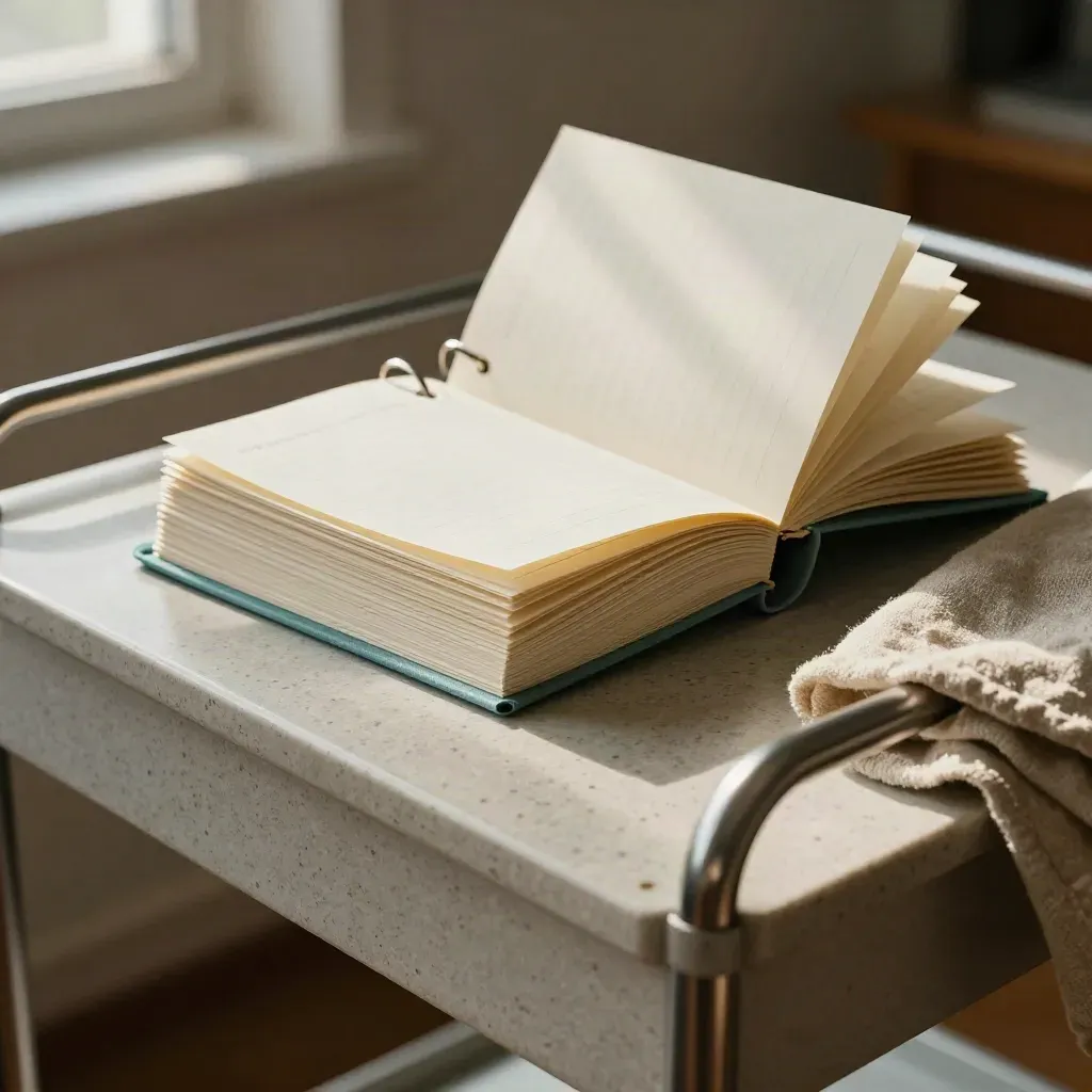 Ring-bound prompt cards and linen on a classroom prep cart, mid-settle in soft window light.