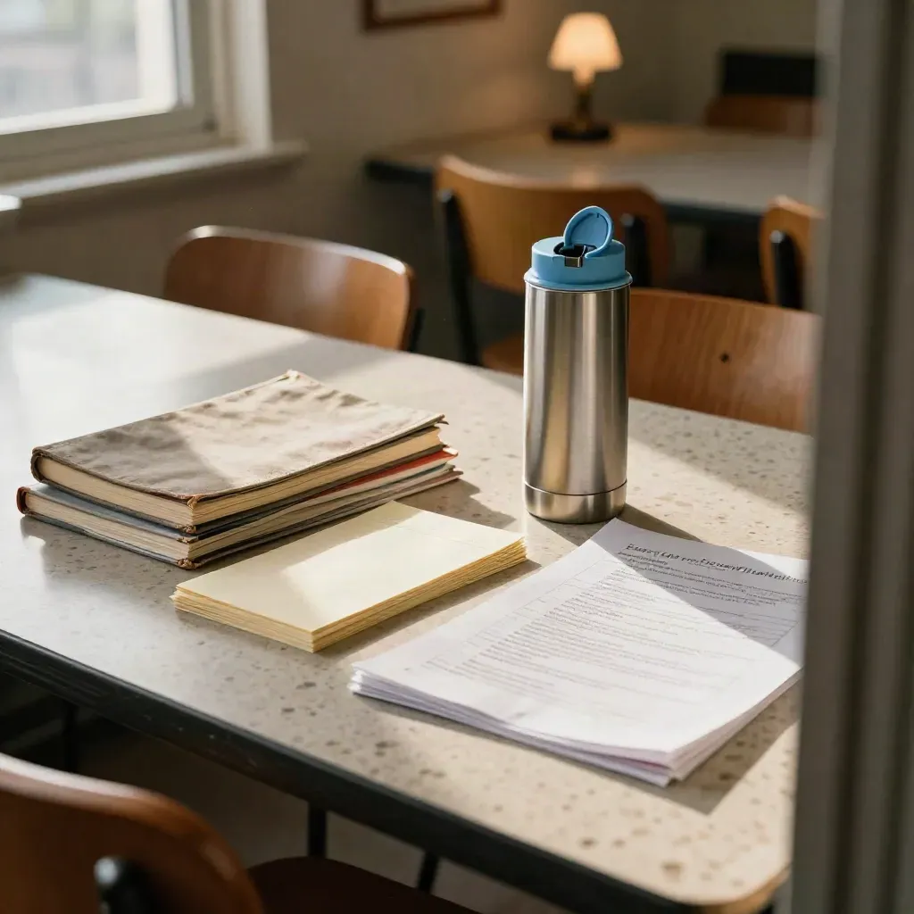 Notebook stack, note cards, and thermos on a community center table in warm afternoon light