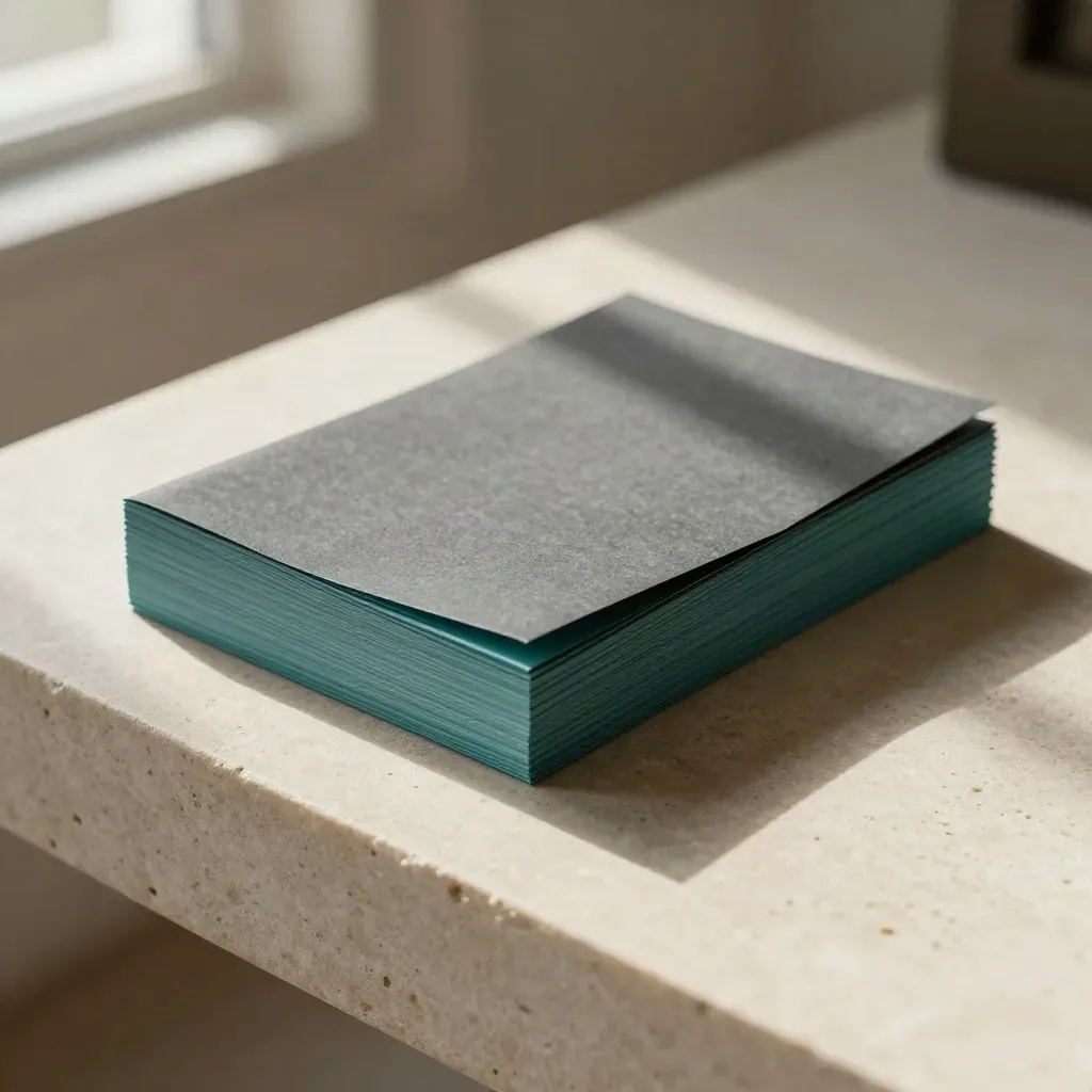 Teal and slate paper notes with a graphite folder on a stone slab